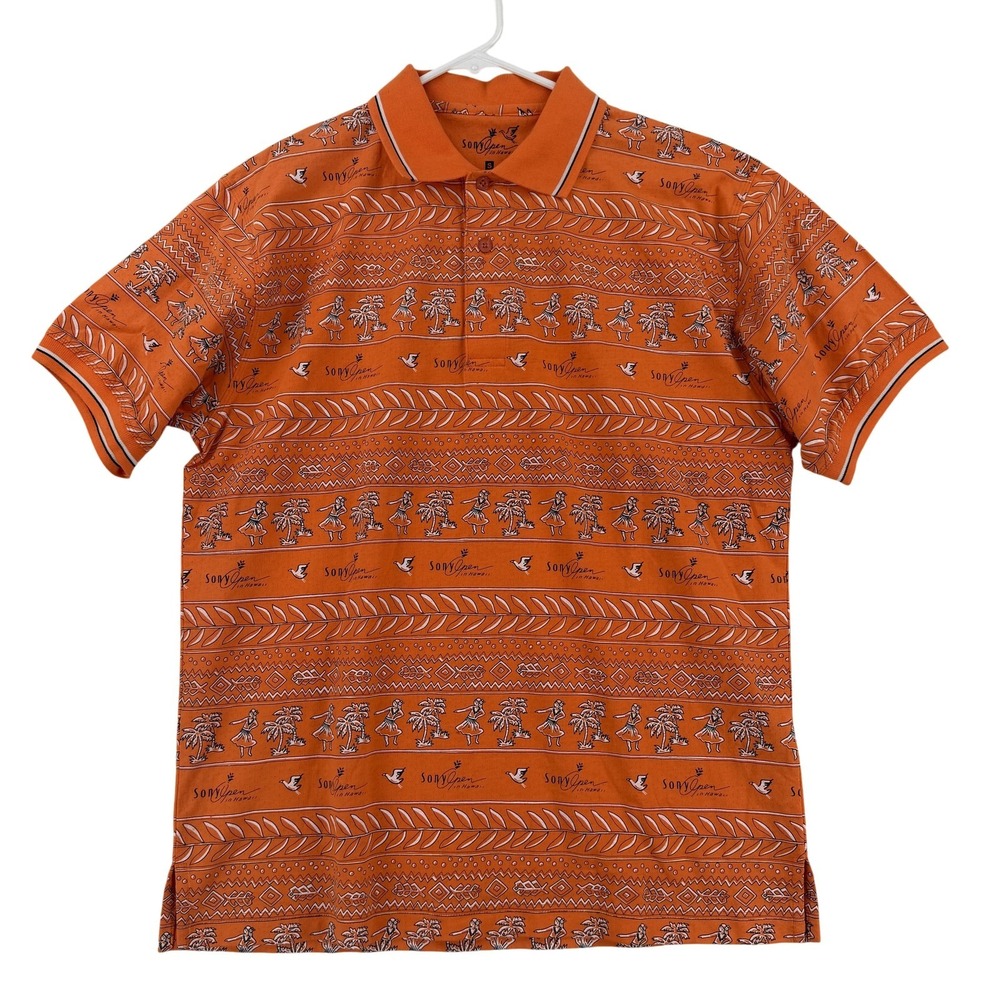 Sony Open‎ Hawaii Polo Shirt Mens Small Orange Hula Hawaiian Graphic Golf Top